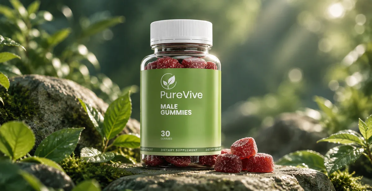 A bottle of PureVive Male Gummies resting on a mossy rock